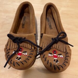 Minnetonka Tan Moccasins with Red Beaded Design
